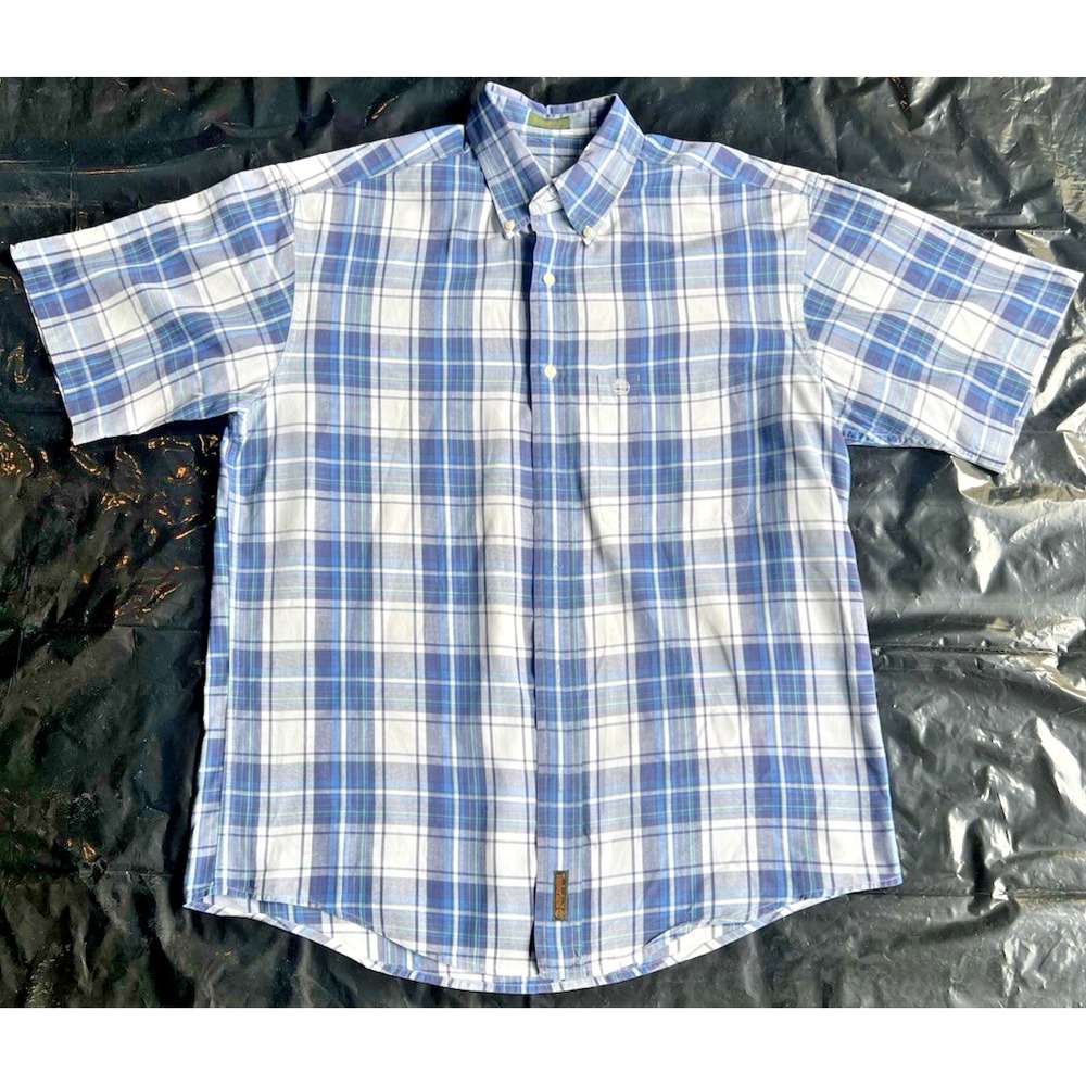 Timberland Shirt Mens Medium Blue White Plaid Short Sleeve Button Up Weathergear